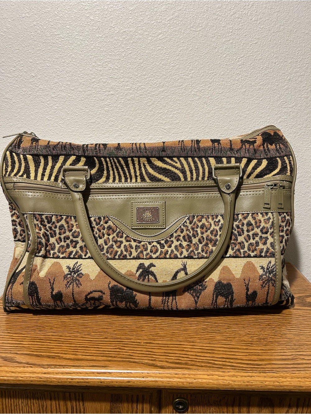 Safari-Print Travel Tote in Olive & Tan